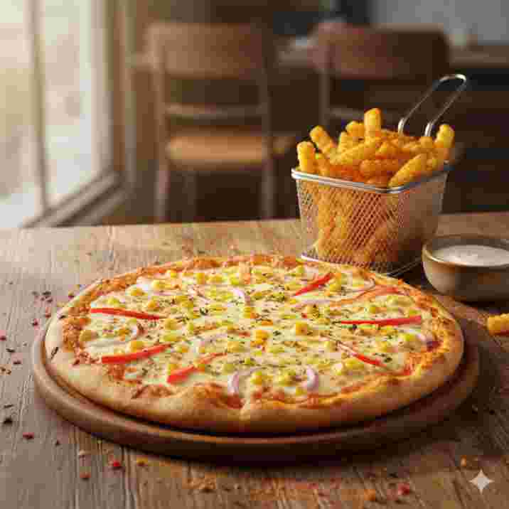 Corn Pizza and Peri Peri Fries